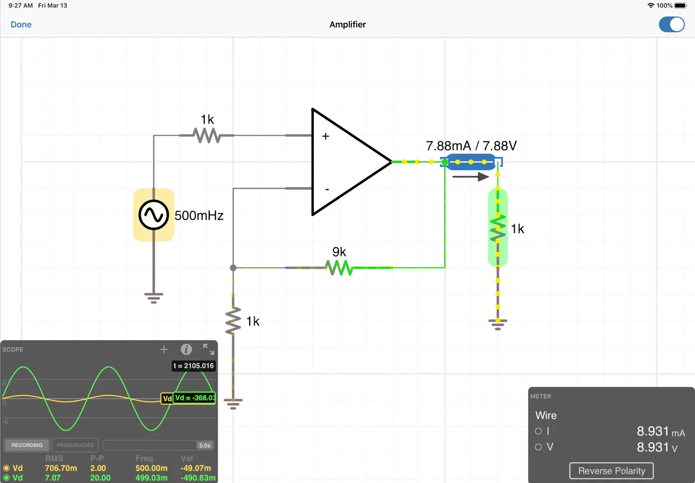 An op-amp amplifier in iCircuit on iPad, with voltage-colored wires, a live oscilloscope trace, and a multimeter reading